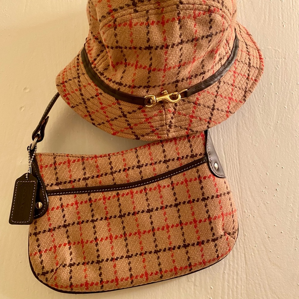 Coach Tan and Red Checkered Shoulder Bag With Hat
